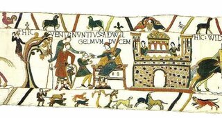 Fragment tkaniny z Bayeux. Posłaniec przychodzi do księcia Wilhelma