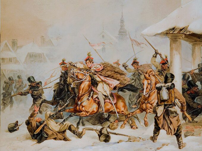 Akwarela Juliusza Kossaka "Szarża krakusów na Rosjan w Proszowicach 1846"