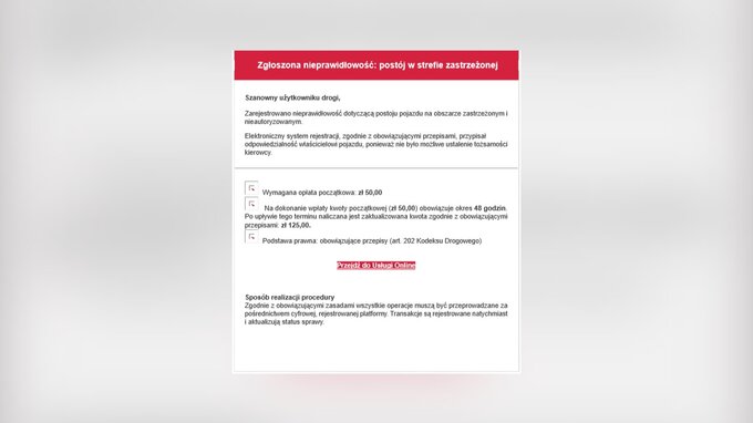 Przykład fałszywej wiadomości z wezwaniem do zapłaty za postój w strefie zastrzeżonej