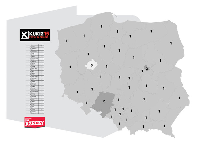 Ilość mandatów, które uzyskałby Kukiz'15 w okręgach wyborczych