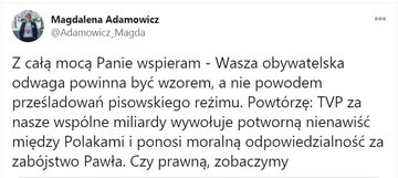 Wpis Magdaleny Adamowicz z&nbsp;Twittera