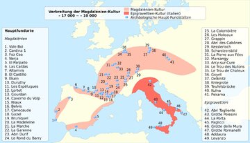 Zasięg kultury magdaleńskiej w Europie (kolor blador&oacute;żowy)i jej gł&oacute;wne stanowiska archeologiczne
