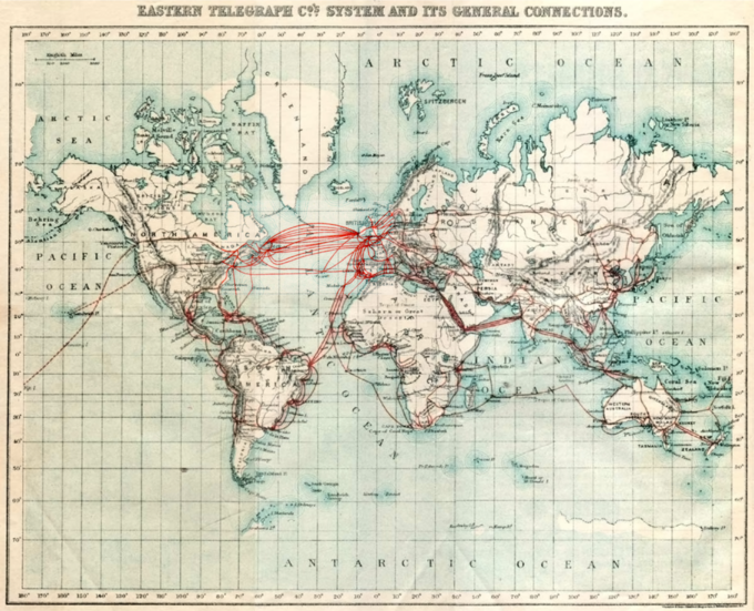 Mapa z 1901 roku przedstawiająca system telegraficzny na świecie.