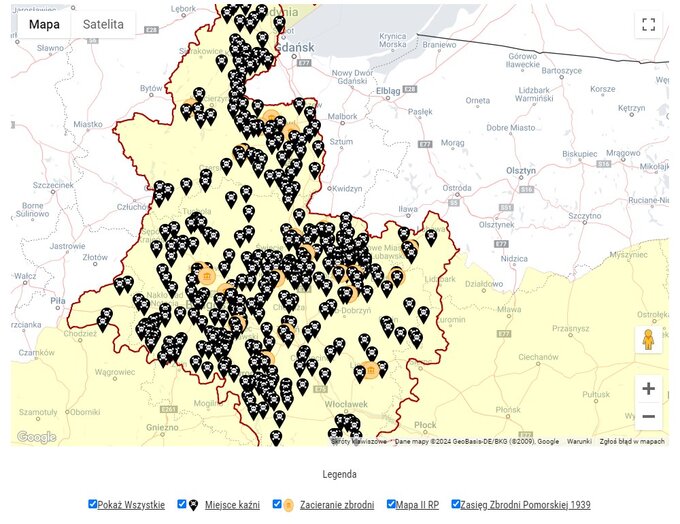 Zasięg zbrodni pomorskiej dokonanej przez Niemców. Screen pochodzi ze strony internetowej IPN