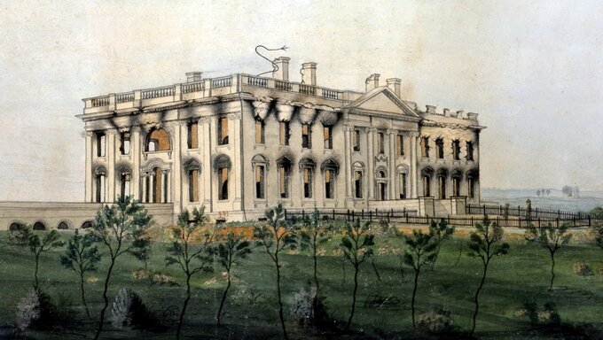 Biały Dom po spaleniu przez Brytyjczyków. Wojna brytyjsko-amerykańska, 1814 rok