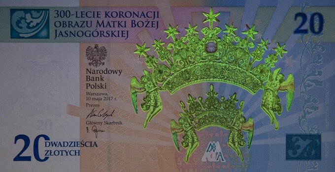 Przednia strona banknotu w&nbsp;świetle UV