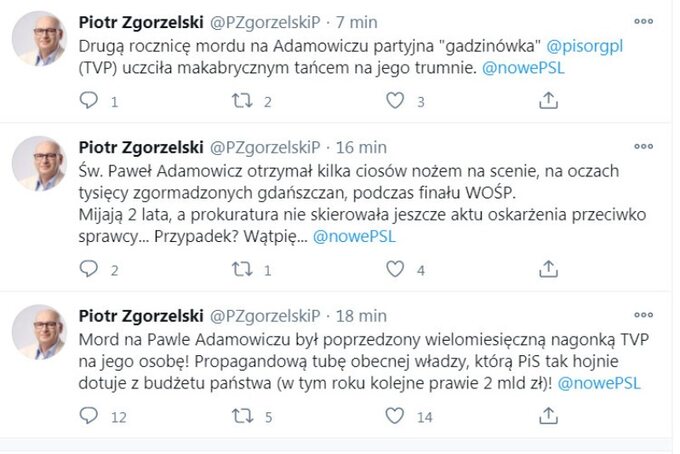 Piotr Zgorzelski przy okazji drugiej rocznicy śmierci prezydenta Gdańska oskarża TVP o nagonkę na zmarłego oraz broni wizerunku samorządowca.