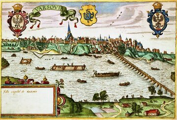 Widok Warszawy w&nbsp;końcu XVI w. z&nbsp;mostem na&nbsp;Wiśle, kt&oacute;rego budowę finansowała po&nbsp;śmierci brata Anna Jagiellonka. Miedzioryt, ok. 1586&nbsp;r.,