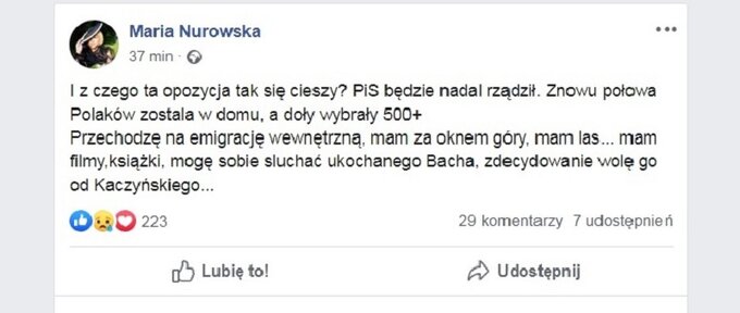 Wpis Marii Nurowskiej na Facebooku