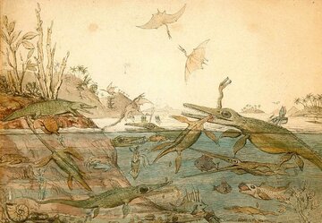 Geolog Henry De la Beche namalował akwarelę w&nbsp;1830 roku, opartą gł&oacute;wnie na&nbsp;skamieniałościach znalezionych przez Mary Anning