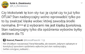 Wypowiedź o&nbsp;"przełożeniu wybor&oacute;w" skomentował m.in. publicysta "Do&nbsp;Rzeczy" Rafał Ziemkiewicz.