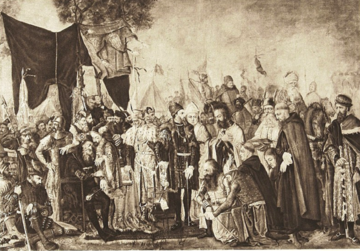 Hołd zakonu inflanckiego przed kr&oacute;lem Zygmuntem Augustem w&nbsp;Pozwolu w&nbsp;1557. Rycina Maurycego Gottlieba