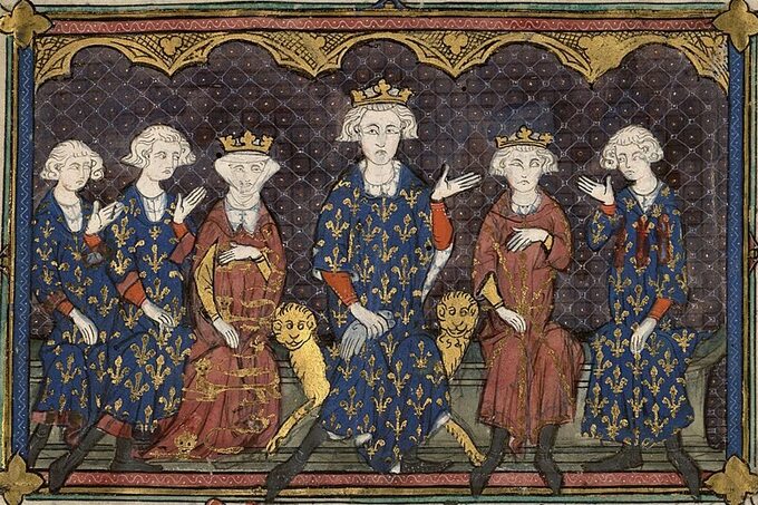 Król Francji Filip IV z rodziną. Od lewej synowie Karol IV, Filip V, córka Izabela Francuska, król Filip IV Piękny, syn Ludwik X i brat Karol de Valois