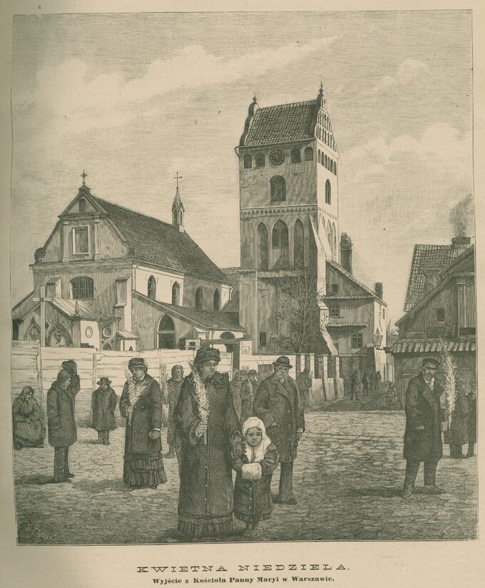 Niedziela Palmowa. Wyjście z kościoła Panny Marii w Warszawie