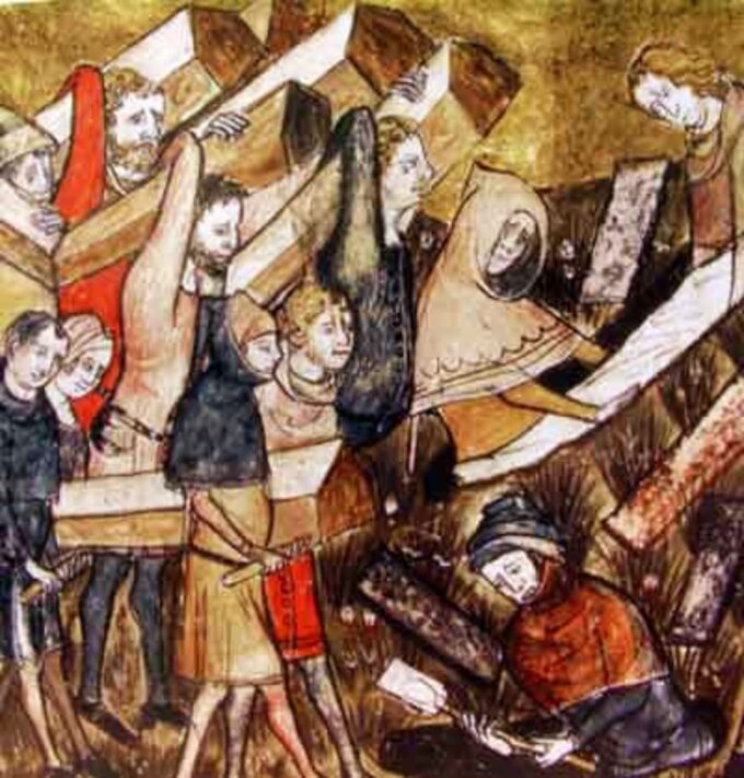 Ilustracja przedstawiająca ofiary czarnej śmierci, XIV w.