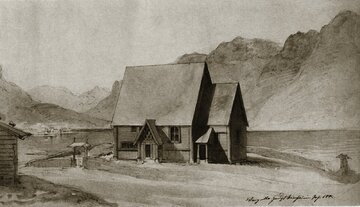 Świątynia Wang w&nbsp;Norwegii -&nbsp;rysunek z&nbsp;1841 roku