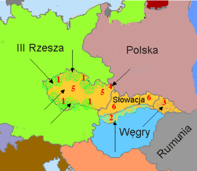 Podział Czechosłowacji. 1-Niemcy,  2-Węgry, 3-Ukraina Karpacka (później do Węgier), 4-Polska, 5-późniejszy Protektorat Czech i Moraw, 6-późniejsza Słowacja