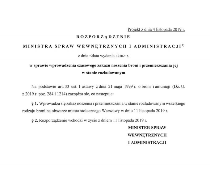 W&nbsp;związku z&nbsp;wydarzeniami planowanym na&nbsp;11 listopada, Ministerstwo Spraw Wewnętrznych i&nbsp;Administracji chce czasowego zakazu noszenia broni w&nbsp;Warszawie.