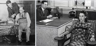 (L) Leonarde Keeler - badanie poligrafem w 1937 r. (P) Badanie poligrafem podczas realizacji "Projektu Manhattan"