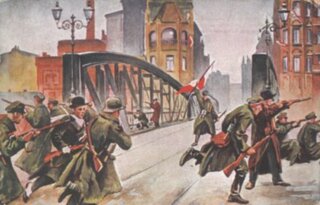 Powstanie Wielkopolskie. Walki przy moście Chwaliszewskim w&nbsp;Poznaniu na&nbsp;obrazie Leona Prauzińskiego