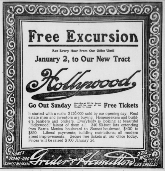 Reklama gazetowa sprzedaży gruntów w Hollywood z 1908 roku