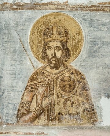 Konstantyn XI Paleolog -&nbsp;ostatni cesarz Bizancjum. Fresk odkryty w&nbsp;2024 roku w&nbsp;klasztorze na&nbsp;Peloponezie