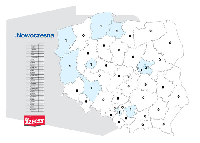 Ilość mandatów, które uzyskałaby Nowoczesna w okręgach wyborczych