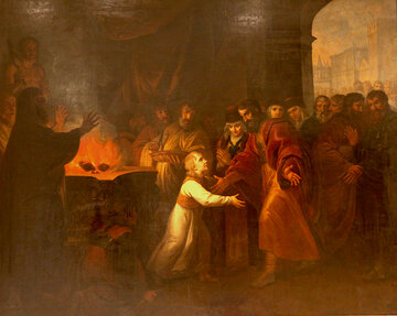 J&oacute;zef Peszka: &bdquo;Mieczysław I&nbsp;podczas postrzyżyn odzyskuje wzrok&rdquo; (ok. 1810&nbsp;r.), olej/pł&oacute;tno, 261&times;335 cm. Własność: Muzeum Narodowe w&nbsp;Warszawie.