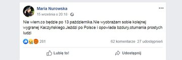 Wpis Marii Nurowskiej na&nbsp;Facebooku