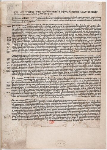 Przykład plakatu potępiającego Mszę świętą przygotowany przez zwolennik&oacute;w reformacji, 1534&nbsp;r. Egzemplarz przechowywany w&nbsp;Biblioth&egrave;que Nationale de France w&nbsp;Paryżu