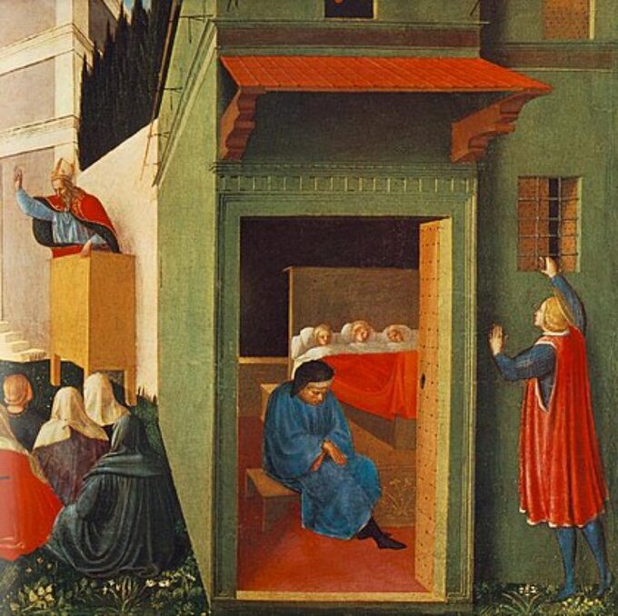 Święty Mikołaj wrzuca przez okno pieniądze na posag dla córek sąsiada. Mal. Fra Angelico (1437)