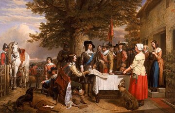 Kr&oacute;l Anglii Karol I&nbsp;Stuart (w centrum w&nbsp;niebieskim pasie) przed bitwą pod&nbsp;Edgehill. Mal. Charles Landseer
