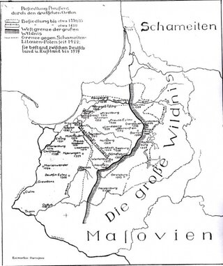 Zasięg Państwa Zakonnego i&nbsp;obszar Wielkiej Puszczy (Grosse Wildnis) w&nbsp;XIV i&nbsp;na początku XV wieku