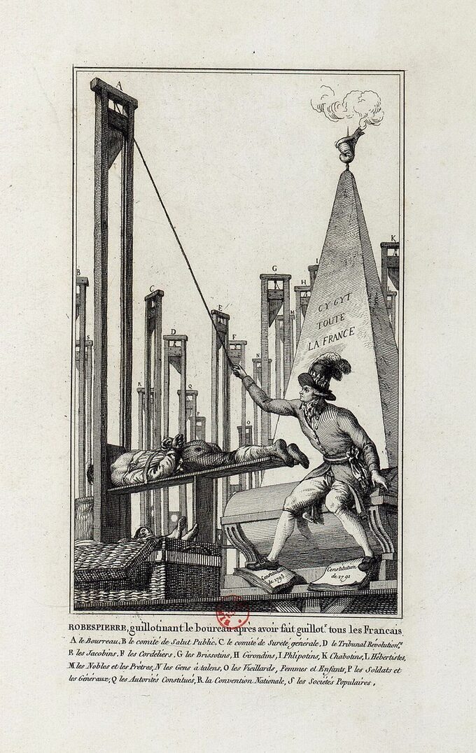 Obrazek satyryczny "Robespierre gilotynuje kata po zgilotynowaniu wszystkich Francuzów"
