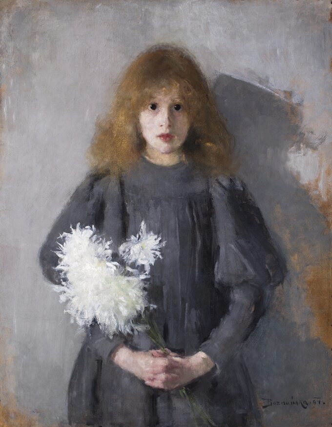 Olga Boznańska, „Dziewczynka z chryzantemami”, 1894 rok, olej/tektura, 88,5 × 69 cm, Muzeum Narodowe w Krakowie