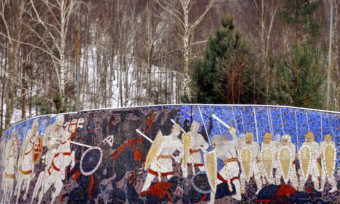 Mozaika przedstawiająca scenę bitwy pod Cedynią. Fragment kompleksu pomnika na Górze Czcibora