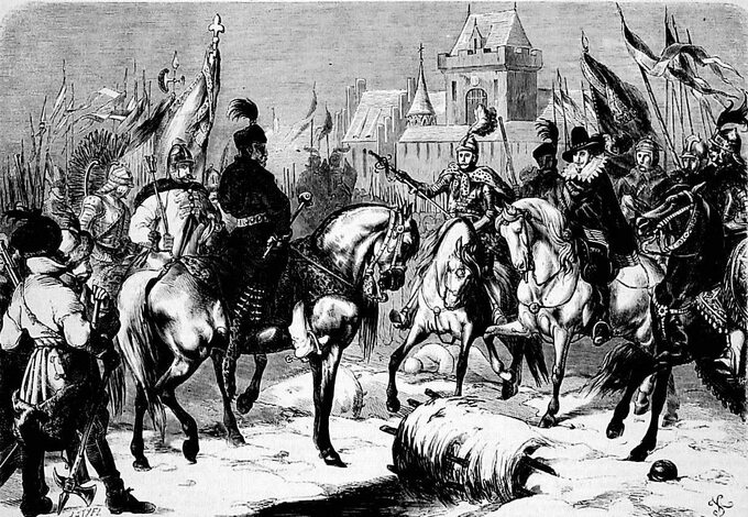 Maksymilian Habsburg poddaje się Zamoyskiemu pod Byczyną, "Tygodnik Ilustrowany" (1862)