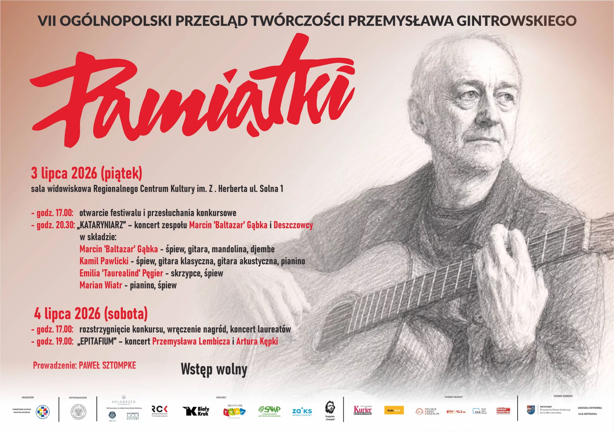 Plakat promujący VII Ogólnopolski Przegląd Twórczości Przemysława Gintrowskiego "Pamiątki" 2026