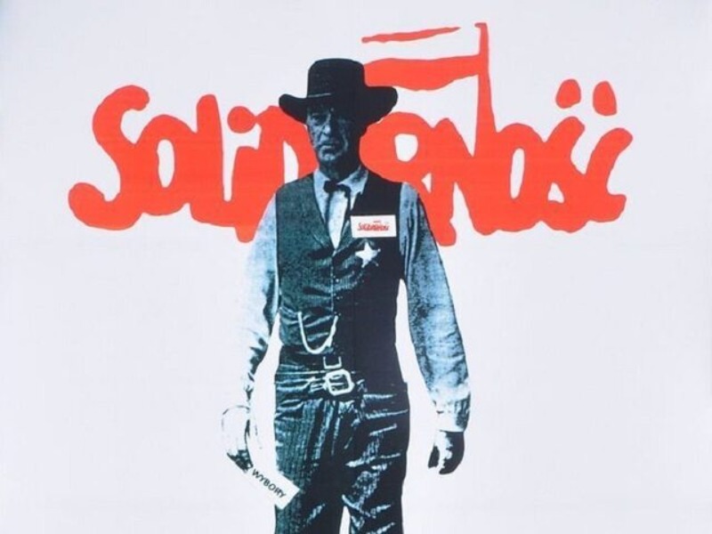 Plakat „Solidarności” (fragment) nawiązujący do kadru z filmu „W samo południe”