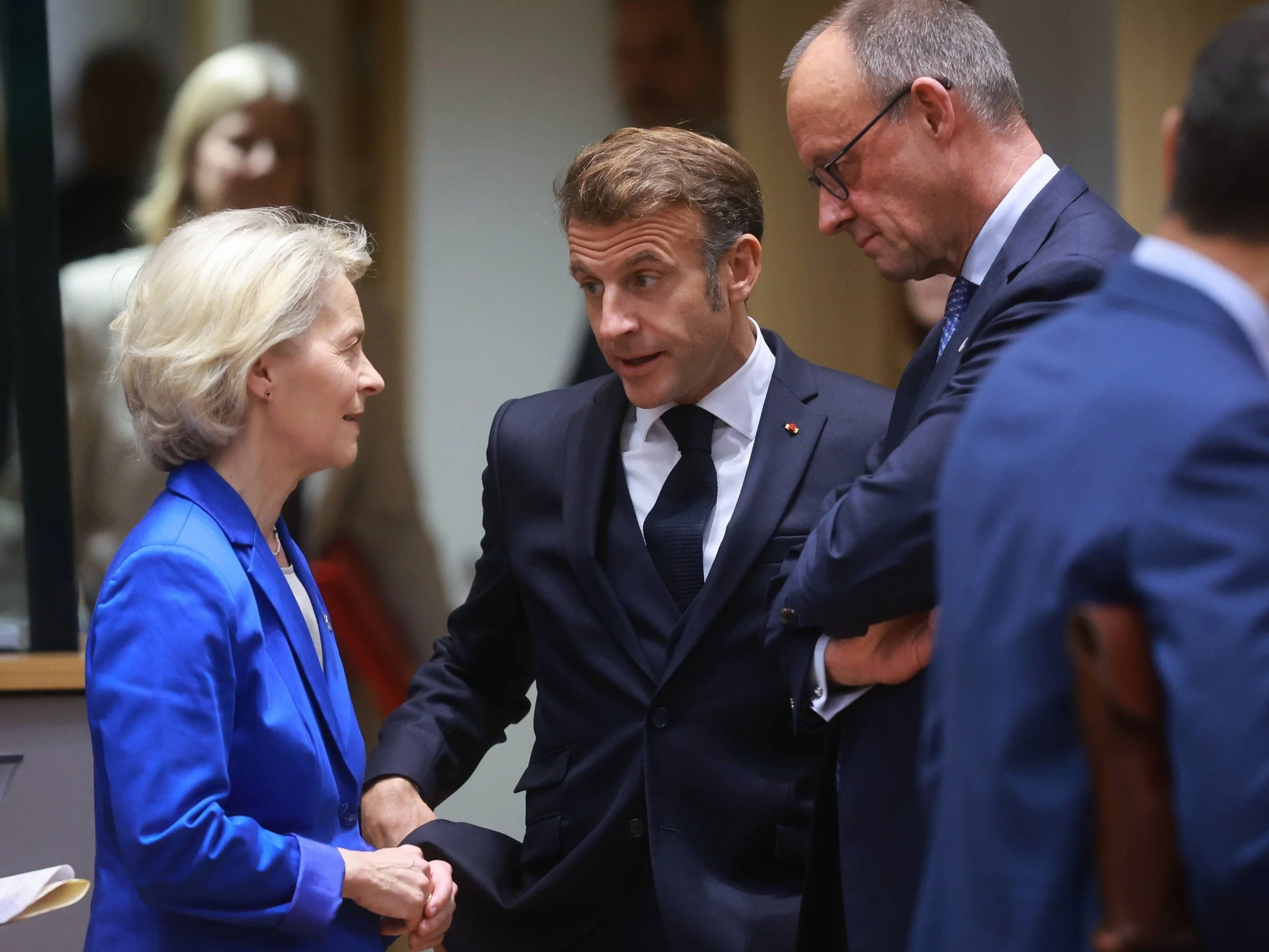 Ursula von der Leyen, Emmanuel Macron, Friedrich Merz