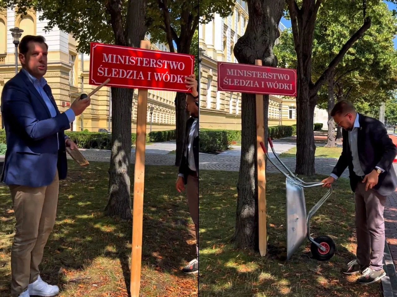 Tobiasz Bocheński i Jacek Ozdoba podczas konferencji pod KPRM