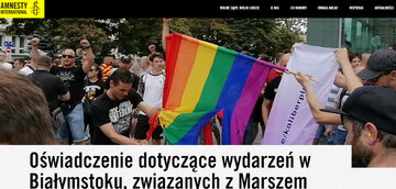 Amnesty International stanowczo potępia nienawistne i przemocowe zachowania, do których doszło w Białymstoku 20 lipca 2019 r. przy okazji pierwszego w tym mieście Marszu Równości - czytamy na stronie organizacji.