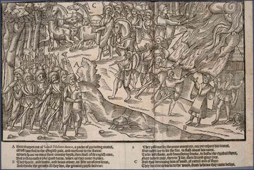 Angielscy żołnierze atakują irlandzką wioskę. Ilustracja z "The Image of Irelande, with a Discoverie of Woodkarne", książki z 1581 roku opisującej podbój Irlandii
