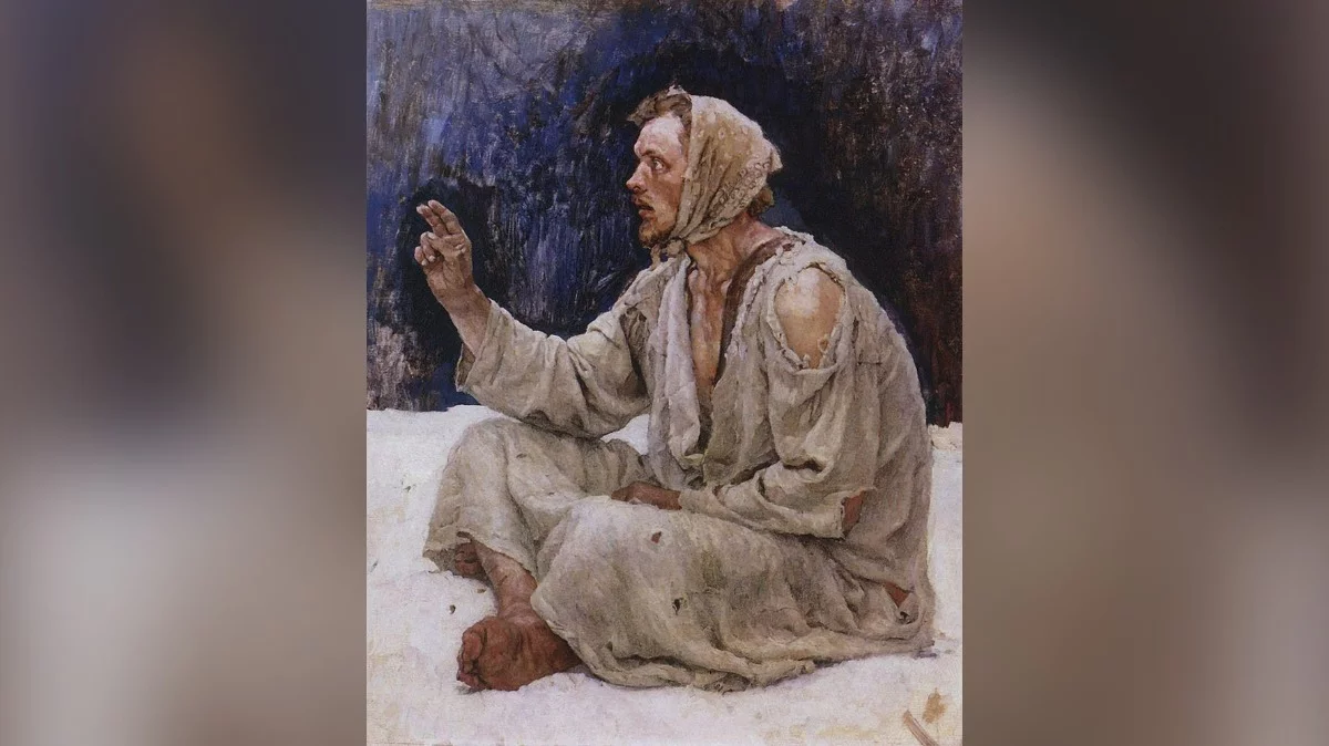 Głupi dla Boga siedzący na śniegu – obraz Wasilija Surikowa (1885)