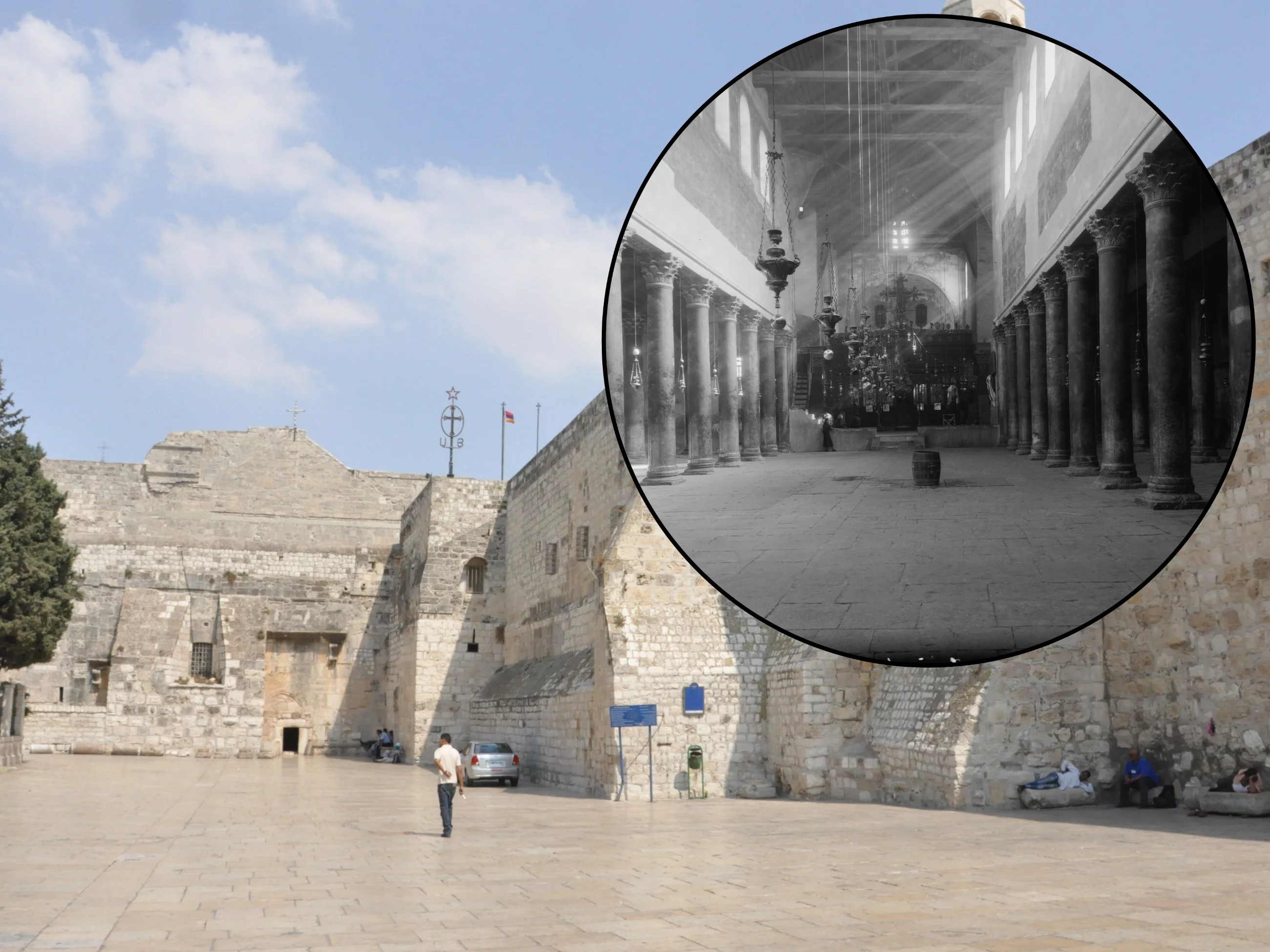 Fasada Bazyliki Narodzenia Pańskiego (na wprost) / Wnętrze Bazyliki ok. 1930 roku