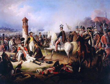Bitwa pod Raszynem w 1809 r. na obrazie Januarego Suchodolskiego. Polskie i saskie wojska walczyły przeciw Austriakom, którzy wkroczyli do Księstwa Warszawskiego