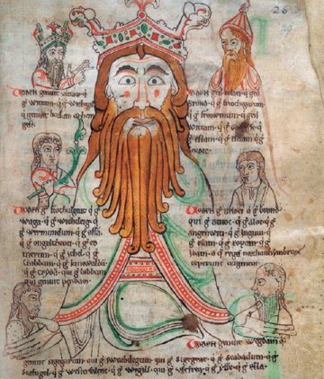 Bóg Wodan (Odyn) jako praprzodek wszystkich królów anglosaskich. Ilustracja z traktatu „O przybyciu pierwszych Sasów” z XII w. Ciekawy przykład, jak stare wierzenia współegzystowały z przyjętym chrześcijaństwem.