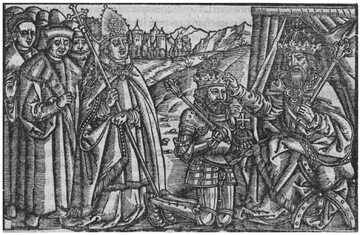 Bolesław Chrobry koronowany w roku 1000 przez Ottona III – rycina z Chronica Polonorum Macieja Miechowity z 1519 roku