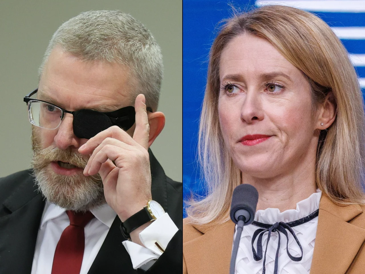 Polski poseł do PE Grzegorz Braun, szefowa dyplomacji UE Kaja Kallas