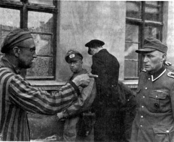 calony więzień Buchenwaldu wytyka palcem strażnika obozowego, esesmana odpowiedzialnego za torturowanie więźniów